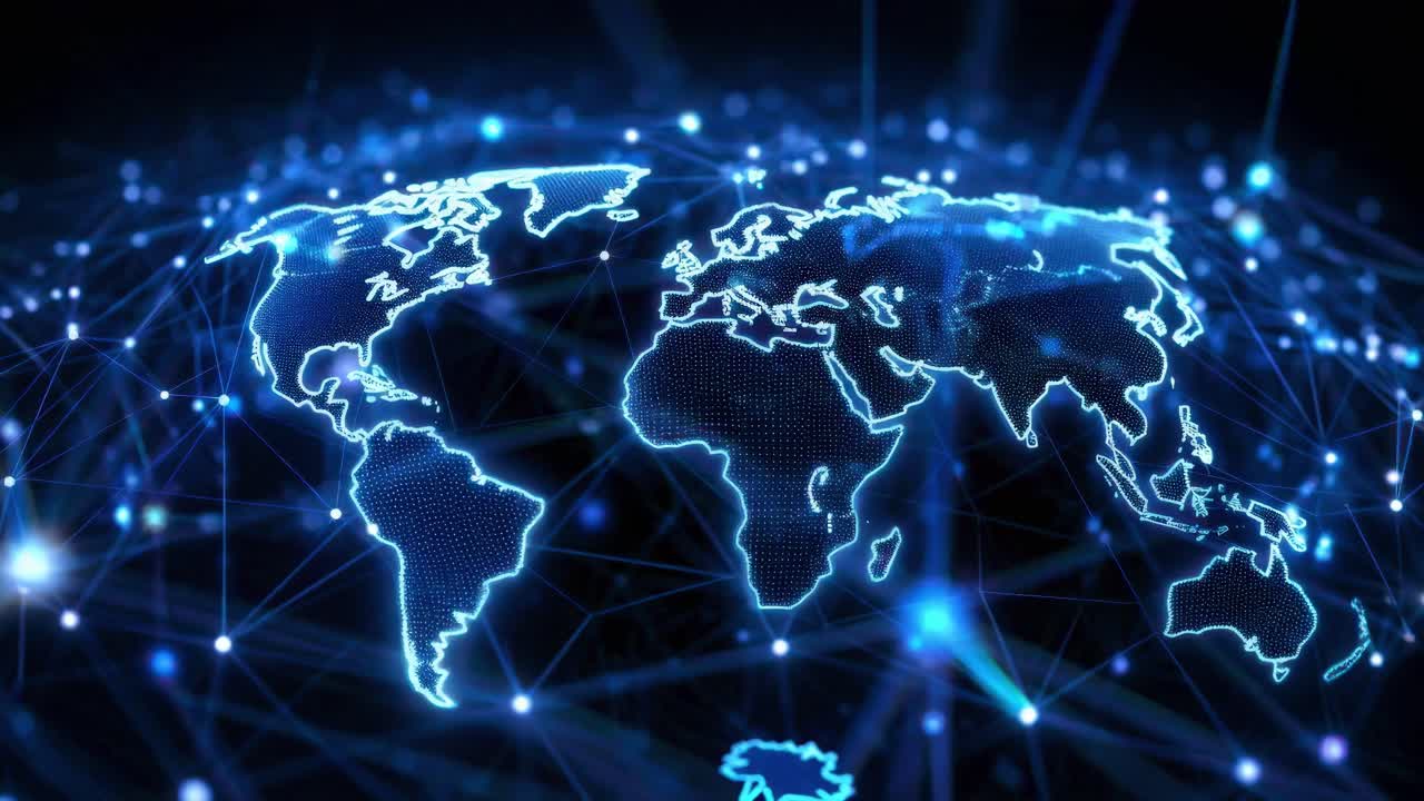 Aerial view of a digital world map with glowing blue connections, illustrating global networking