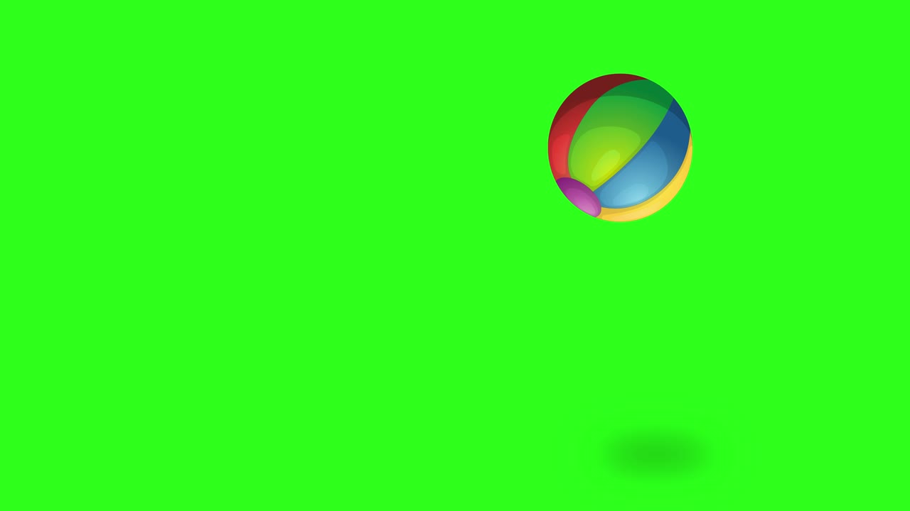 A multicolored beach ball bounces smoothly across a vivid green background, casting soft shadows. The animation uses a side view and fluid, playful motion