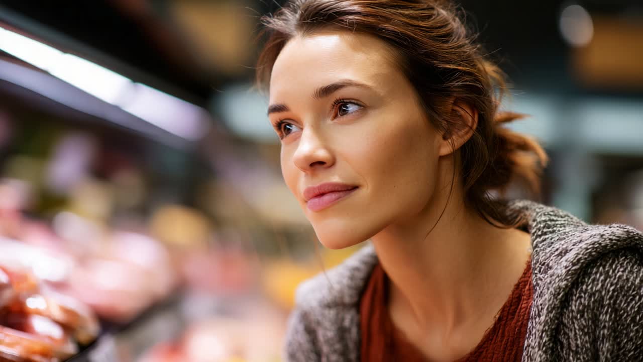 Contemplative Moment: A Young Woman Focused on Selecting Fresh Meat Products in a Well-Stocked Grocery Store, Capturing the Essence of Modern Shopping and Culinary Choices in Everyday Life