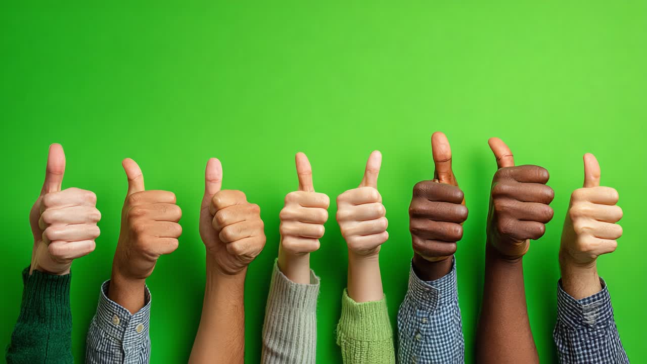 Una gran variedad de manos mostrando el pulgar hacia arriba sobre un fondo verde brillante, celebrando la aprobación, el optimismo y la unidad en todas sus formas
