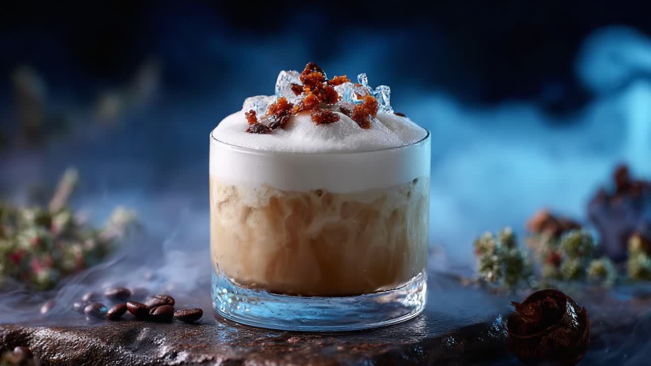 Impresionante primer plano de una bebida cremosa cubierta con espuma escarchada y trozos de adorno, que captura la esencia del frescor y la elegancia en cada sorbo