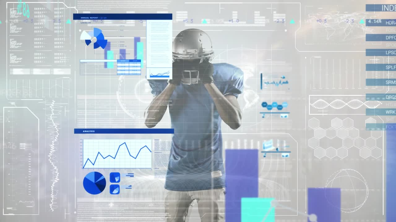 Animation of interface with data processing over african american male rugby player wearing a helmet