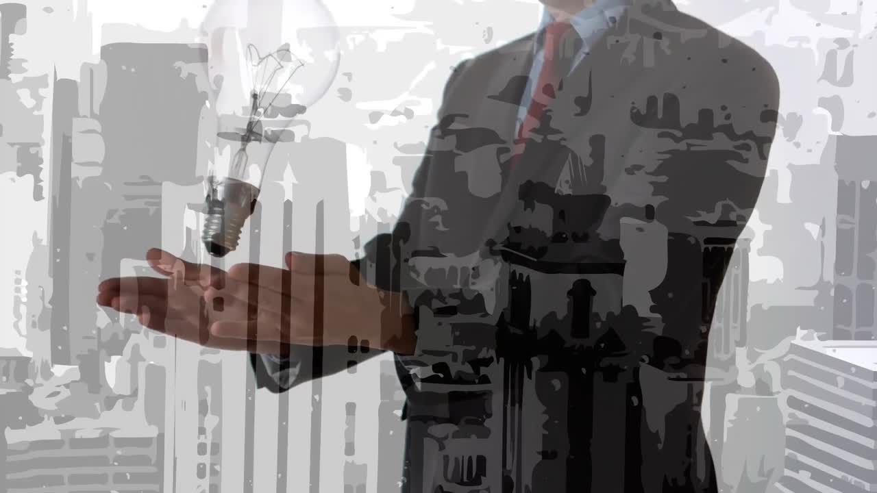 animación de edificios de la ciudad moderna sobre hombre de negocios arrojando y atrapando bombilla