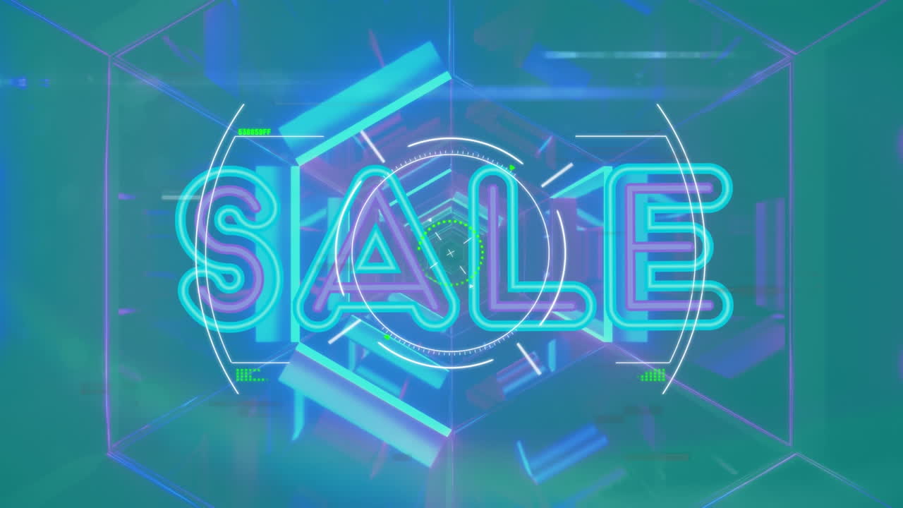 판매 텍스트의 애니메이션과 도시 풍경에 대한 범위 스캔