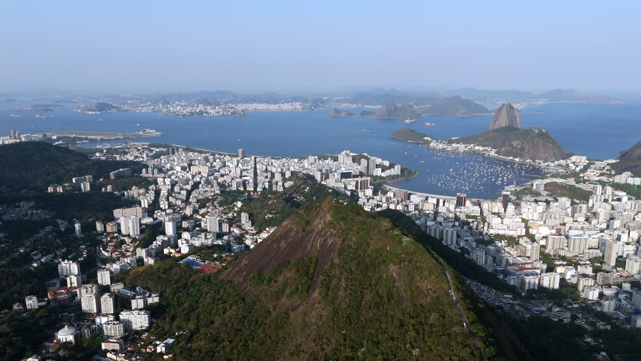 Rio de janeiro's coastline and sugarloaf mountain on a clear day, aerial view