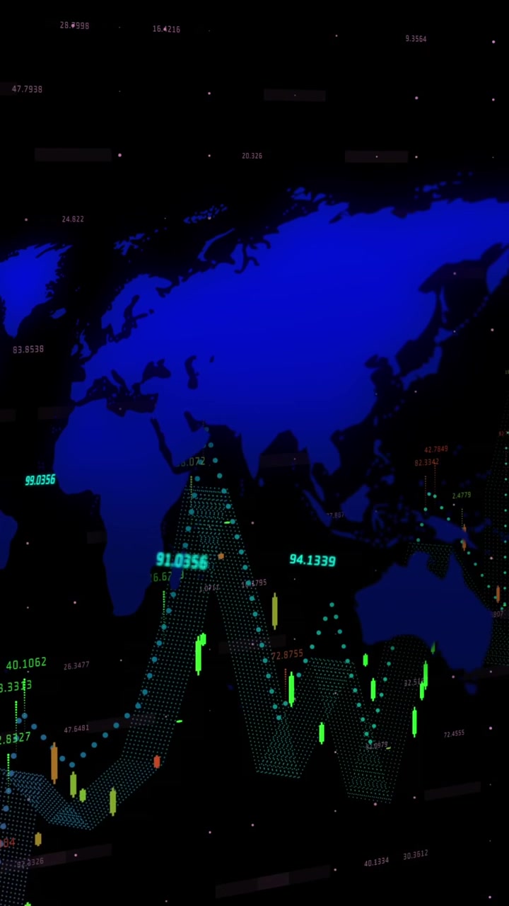 Animazione di elaborazione dati finanziari su mappa del mondo su sfondo nero.