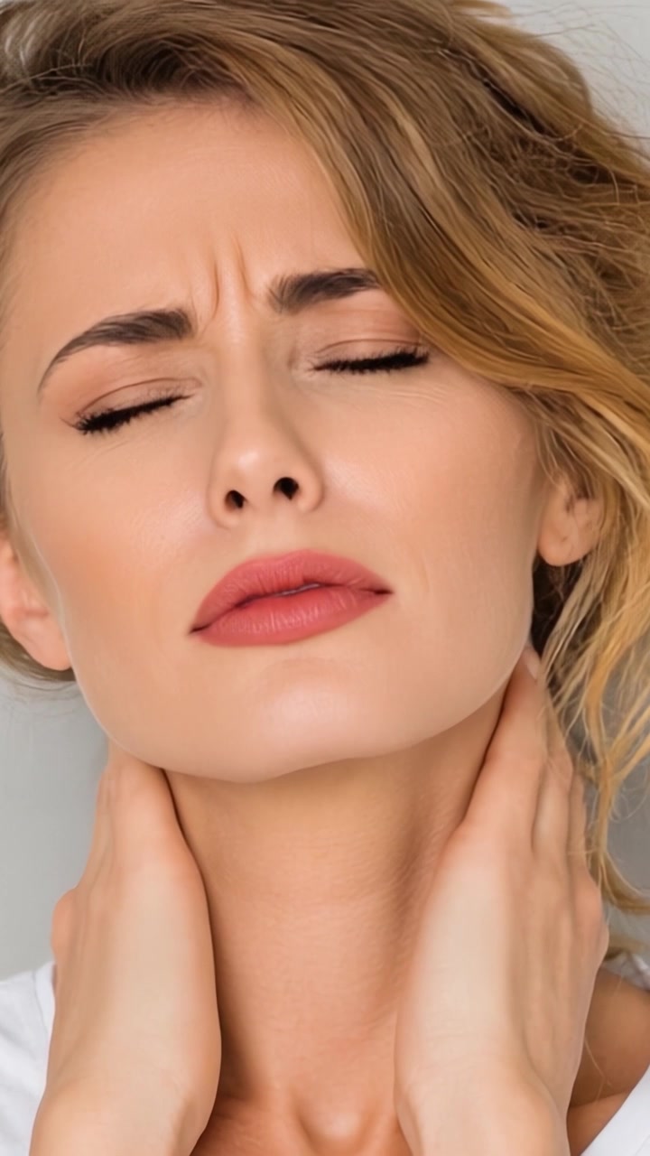Primo piano espressivo di una donna che trasmette emozione e disagio mentre si stringe il collo con un'espressione di dolore, mostrando il suo tormento interiore