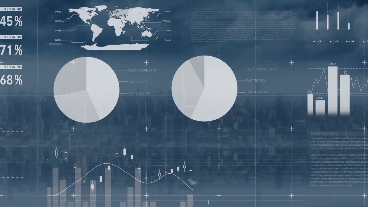 Animation of infographic interface with multiple graphs, map over aerial view of cityscape