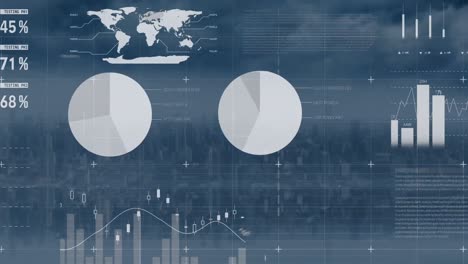 Animation-Der-Infografik-Schnittstelle-Mit-Mehreren-Grafiken,-Karte-über-Luftaufnahme-Des-Stadtbildes