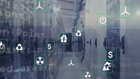 Animation-of-eco-icons-and-data-processing-over-computer-servers