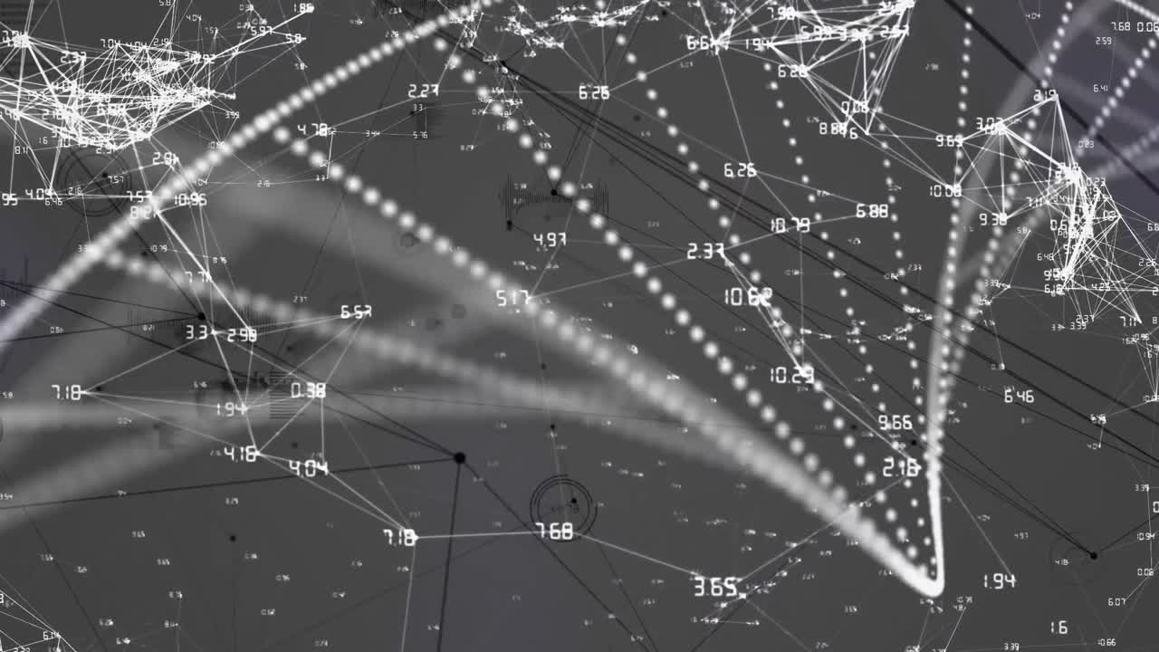 회색 배경에 대한 연결 네트워크를 회전시키는 dna 구조의 디지털 애니메이션