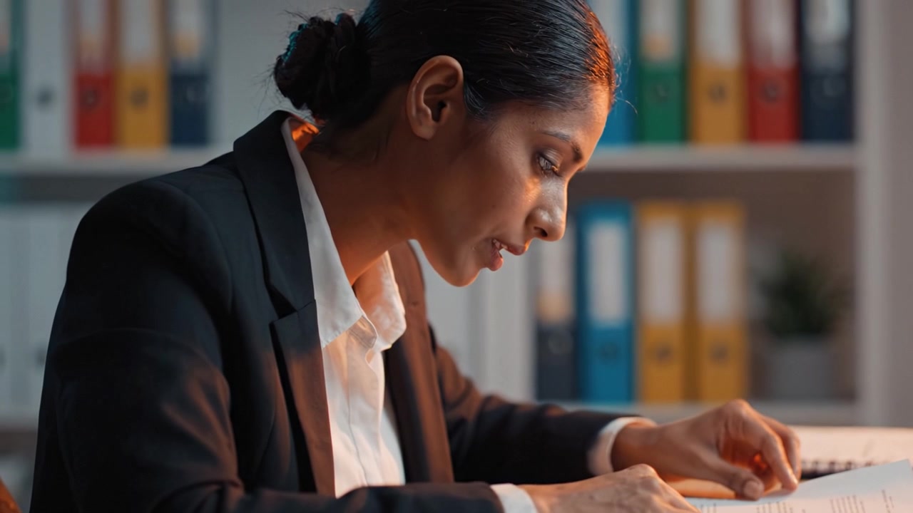 Focused Professional Engaged in Important Work, Analyzing Documents with Intensity in a Modern Office Environment Filled with Organizational Supplies