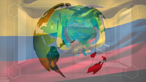 Animation-of-markers-on-screen-over-flag-of-ecuador-and-globe