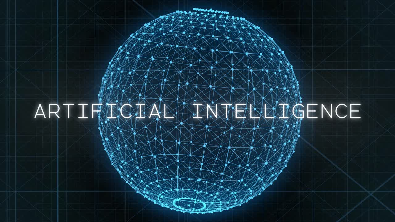 Interconnected web of blue particles that create an AI sphere with &amp;quot;Artificial Intelligence&amp;quot; animating over top