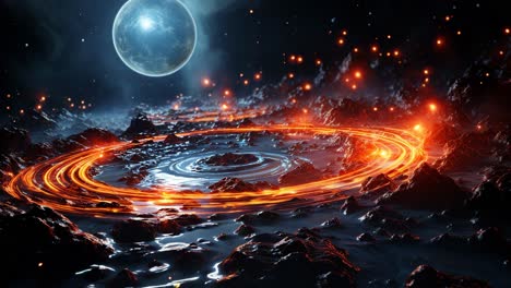 a cosmic landscape with swirling lava and a glowing moon above