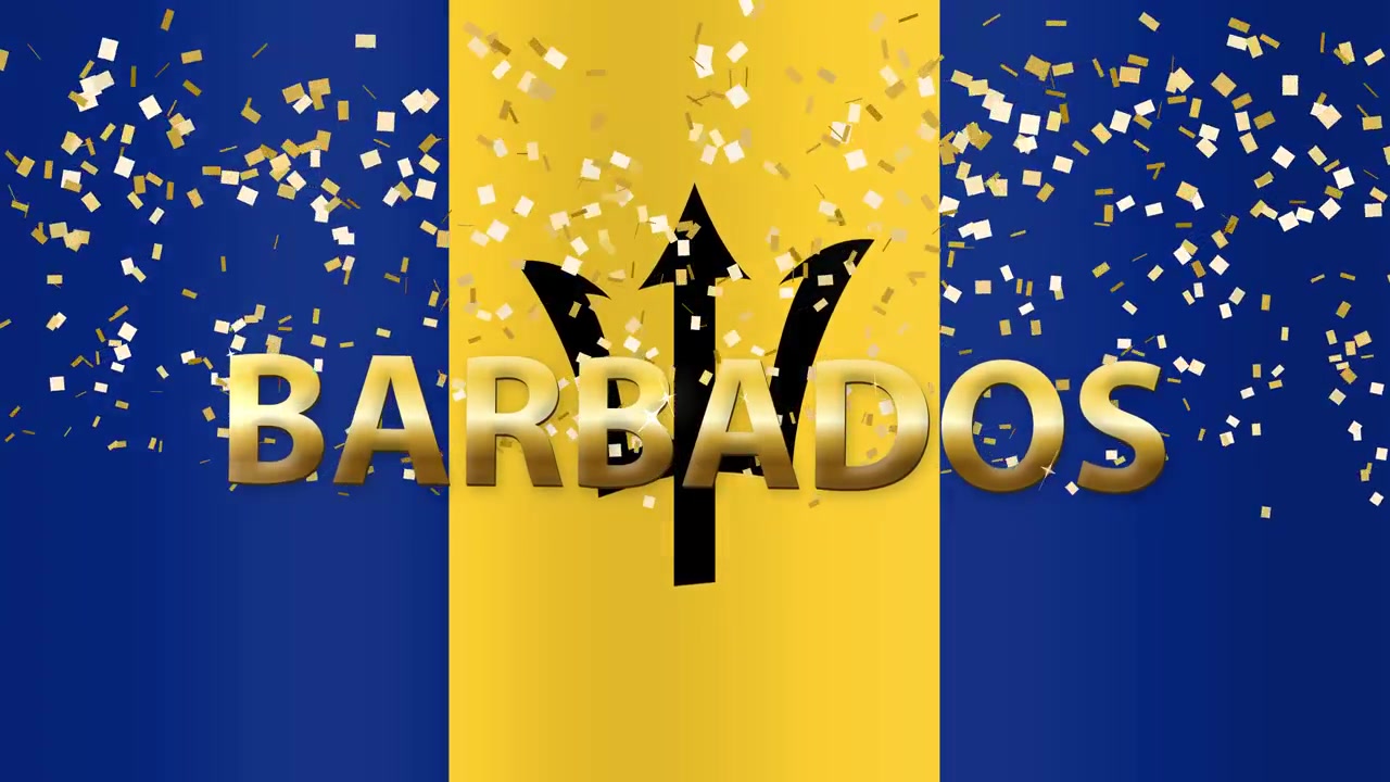 Una bandiera nazionale di Barbados che sventola, con testo dorato 3D e coriandoli scintillanti in loop.