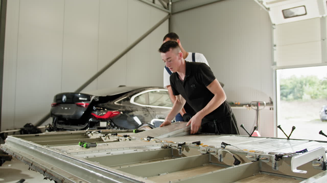 reemplazo de baterías de automóviles eléctricos en un taller
