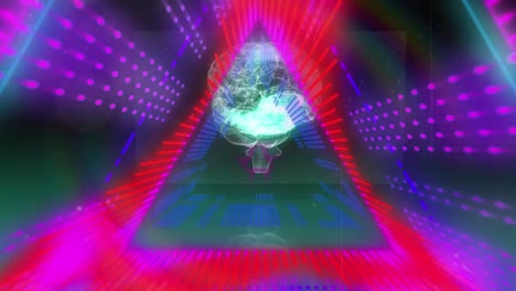 Digitale-Animation-Eines-Dreieckigen-Leuchtenden-Tunnels-über-Einem-Sich-Drehenden-Menschlichen-Gehirn-Vor-Schwarzem-Hintergrund