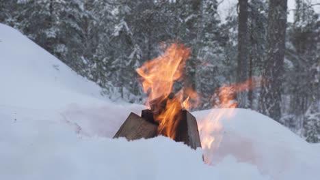 Fogata-Ardiendo-En-Medio-De-La-Nieve-Blanca-Del-Invierno--primer-Plano