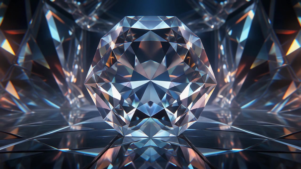 Grande diamante sfaccettato che riflette la luce in un ambiente geometrico astratto