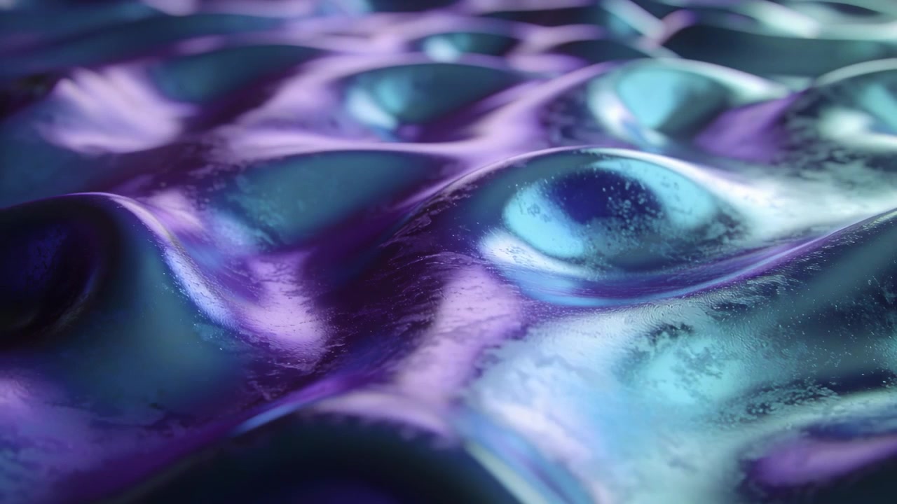 Pulling back, camera revealing iridescent wavy surface shifting in studio set, cyan violet glints