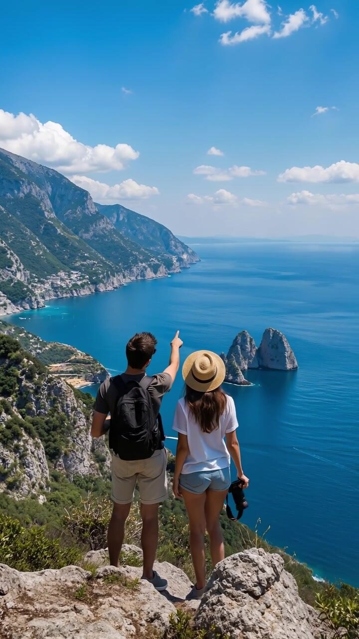 Pareja joven tomando fotos de un hermoso paisaje marino costero desde un mirador en un acantilado alto