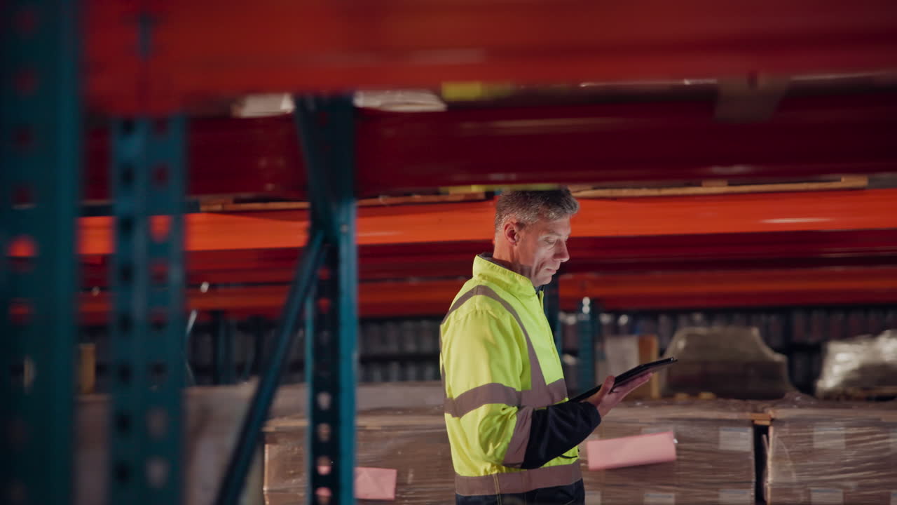 trabajador de almacén que utiliza una tableta para la gestión del inventario