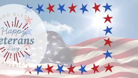 animation of happy veterans day text and stars over american flag