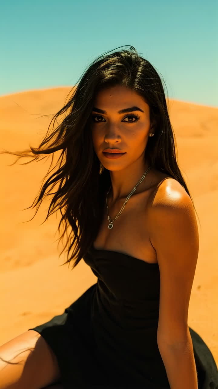 Woman in Black Dress in Desert Dunes with Windblown Hair