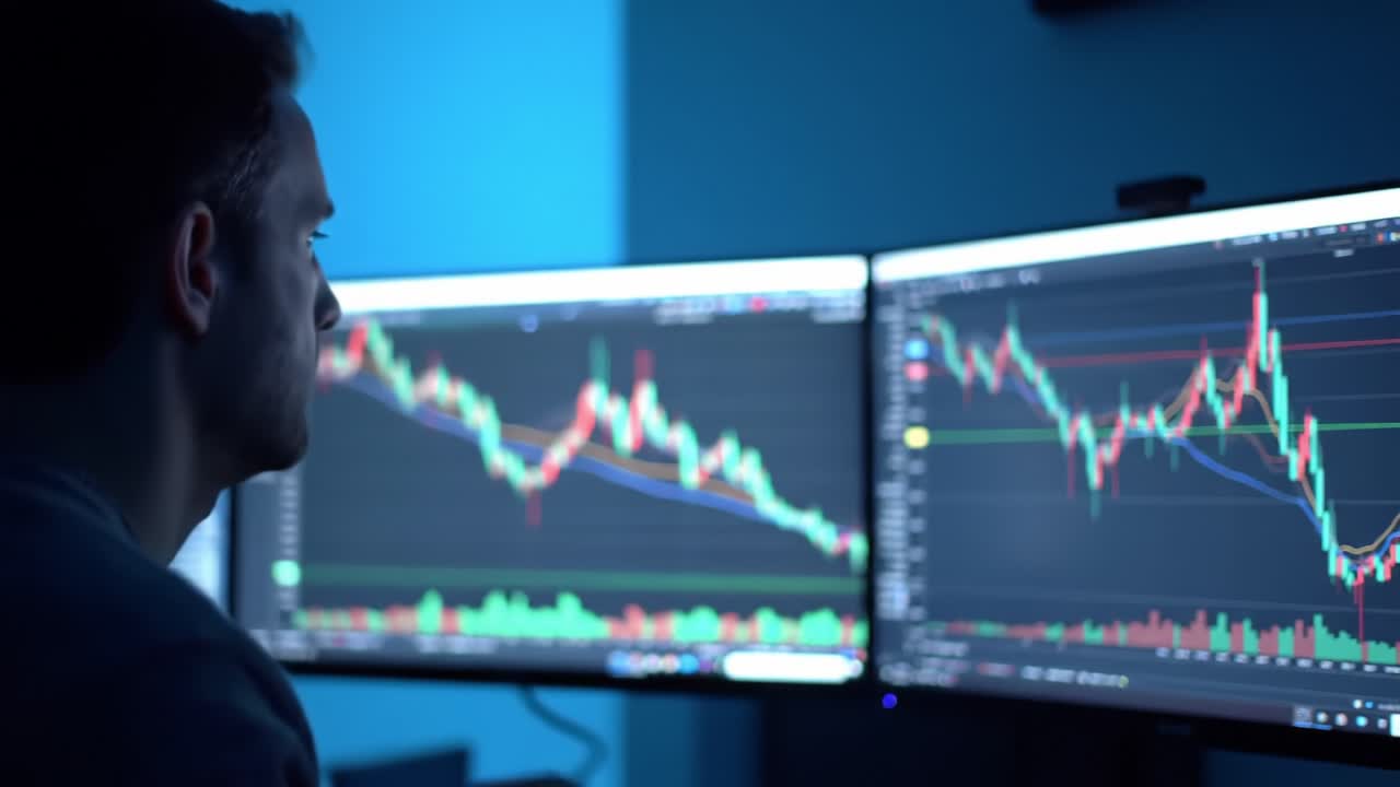 Trader Analyzes Stock Market Trends in a Dimly Lit Workspace With Multiple Monitors