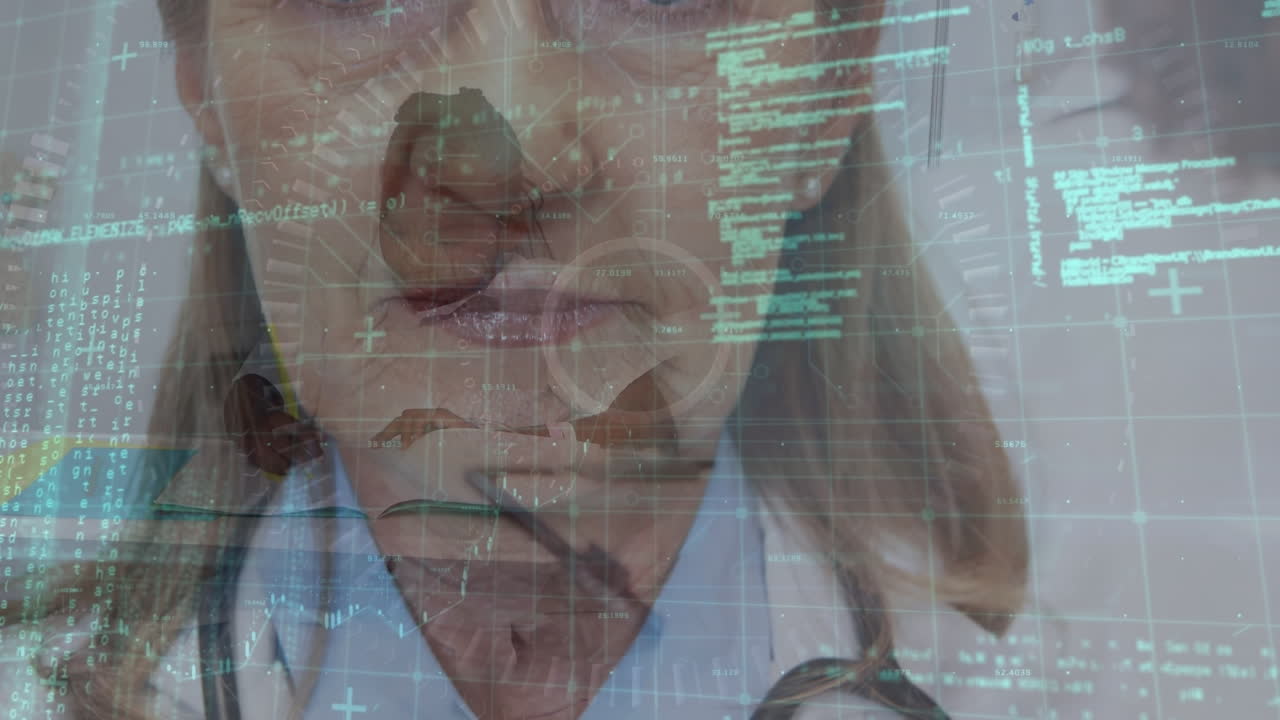 Animation of data processing over happy caucasian senior female doctor
