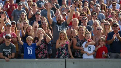a vibrant crowd celebrating together: enthusiastic fans cheer and wave with joy in a packed stadium, creating a memorable atmosphere of excitement and community