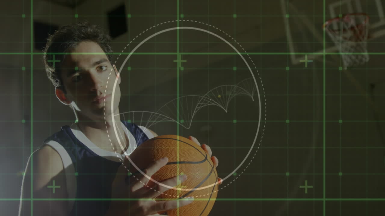 animación del procesamiento de datos digitales sobre el jugador de baloncesto