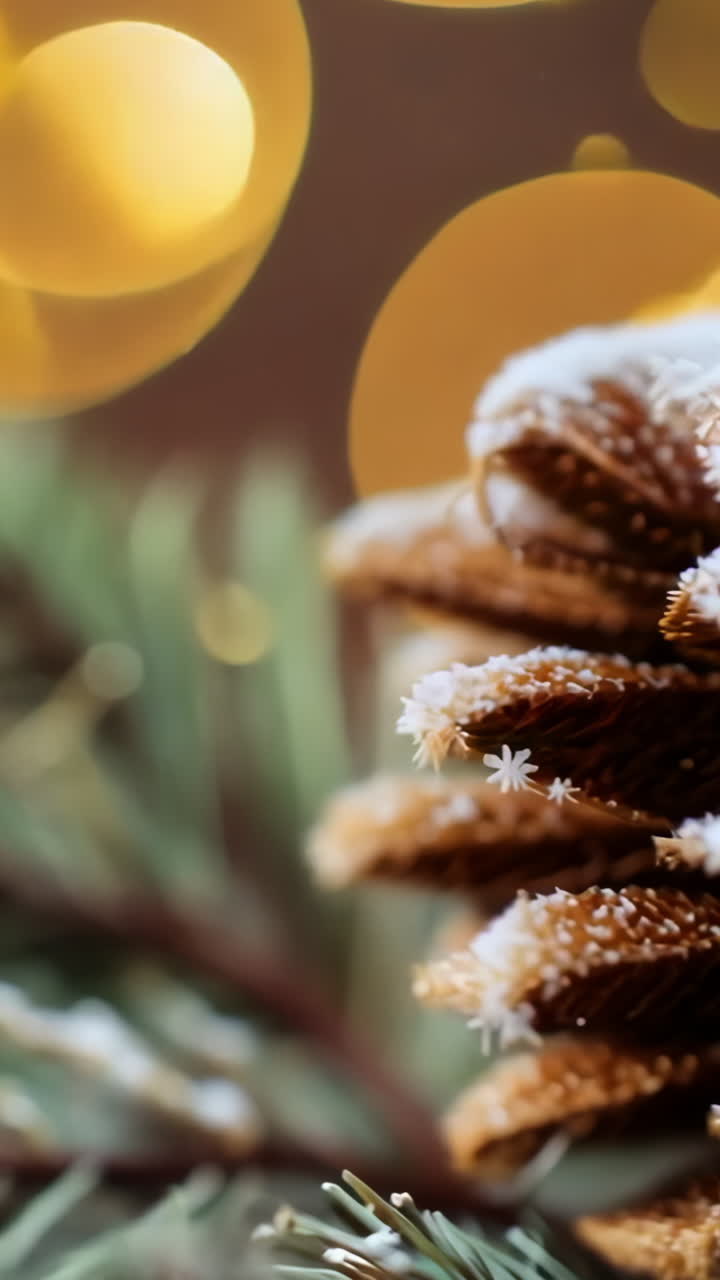 A pine cone covered in snow sits on a tree branch. The snow on the pine cone is white and fluffy, giving it a wintery appearance Vertical video