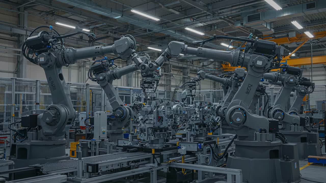 Advanced Robotics Assembly Line: A High-Tech Industrial Setting Showcasing Multiple Robotic Arms Collaborating Seamlessly in a Cutting-Edge Manufacturing Environment