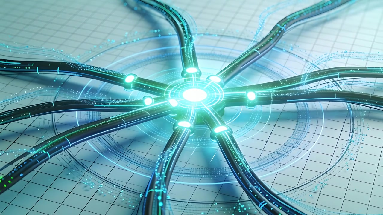 Getting signal, central hub activating, emitting cyan light on grid, rings and tubes pulsing flow