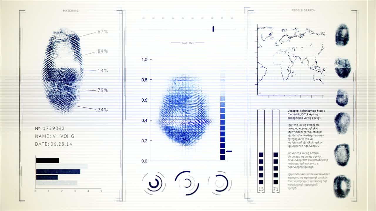 escaneo de huellas dactilares de la pantalla, interfaz de búsqueda de huellas de la gente vieja monitor ruidoso