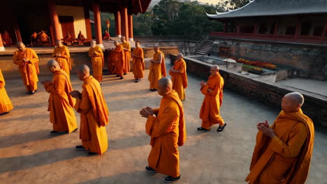buddhist monks in orange robes at a temple