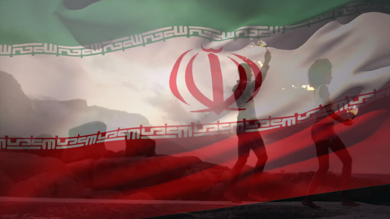 Holding fire sticks, person with Iranian flag overlay in dramatic landscape animation