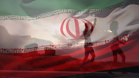 holding fire sticks, person with iranian flag overlay in dramatic landscape animation