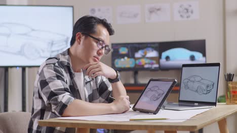 vista lateral de un hombre asiático pensando en un nuevo concepto de coche, luego levantando el dedo índice mientras dibuja en una tableta en el estudio con televisión y computadoras, muestra un modelo de coche eléctrico en 3d
