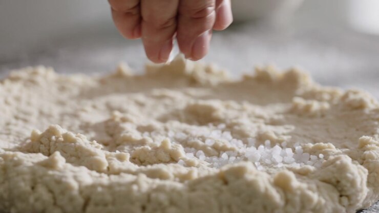 Sprinkling cook's bare hand pinching coarse salt across flat dough on floured countertop, seasoning