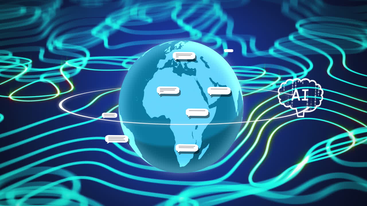 animación de un texto e icono con una red de conexiones en todo el mundo