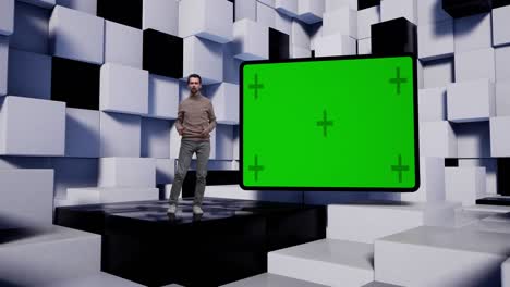 presentador de televisión en el estudio virtual de noticias con cubos blancos y negros.