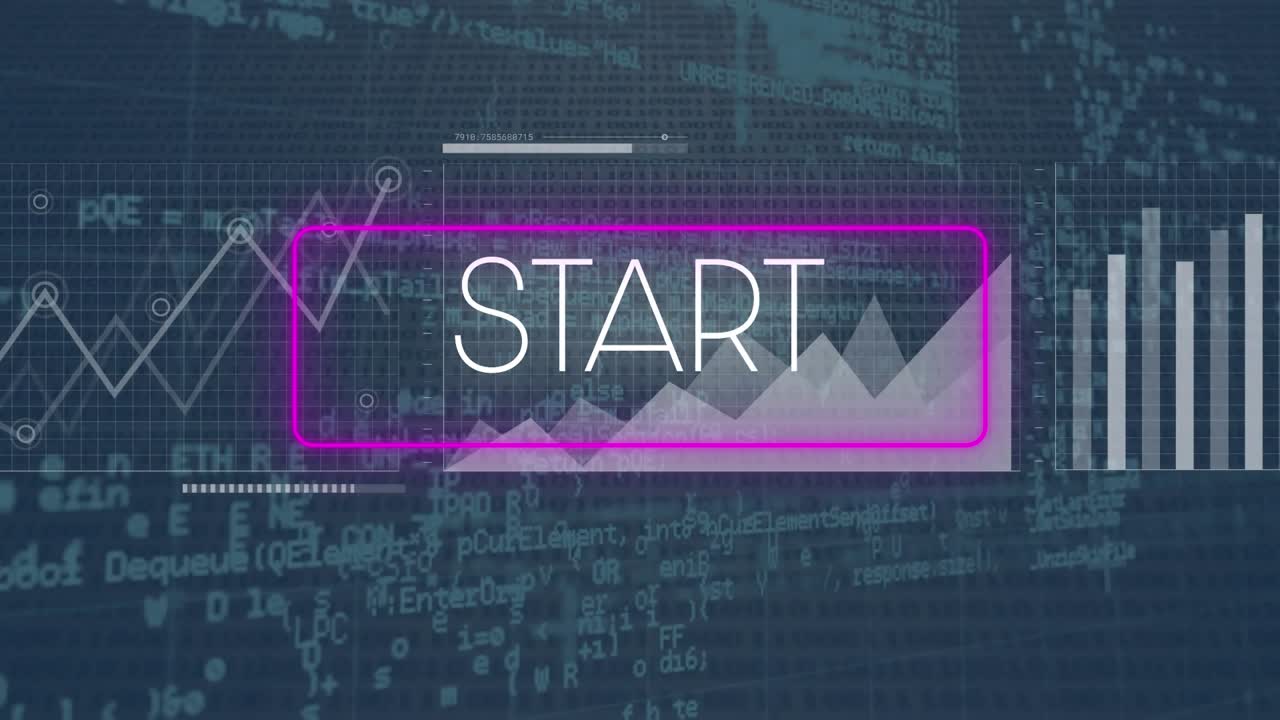 Animation of start text in rectangle over graphs and map against computer language in background