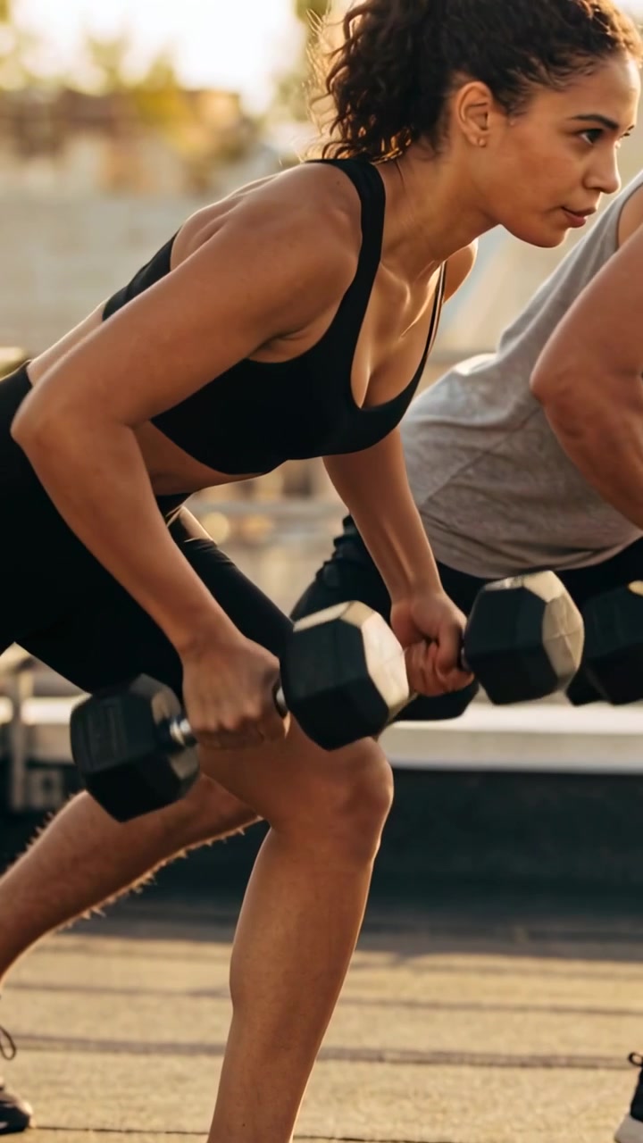 Vídeo vertical: Mulher começando a fazer repetições de halteres curvados no telhado para fitness, vestindo preto.