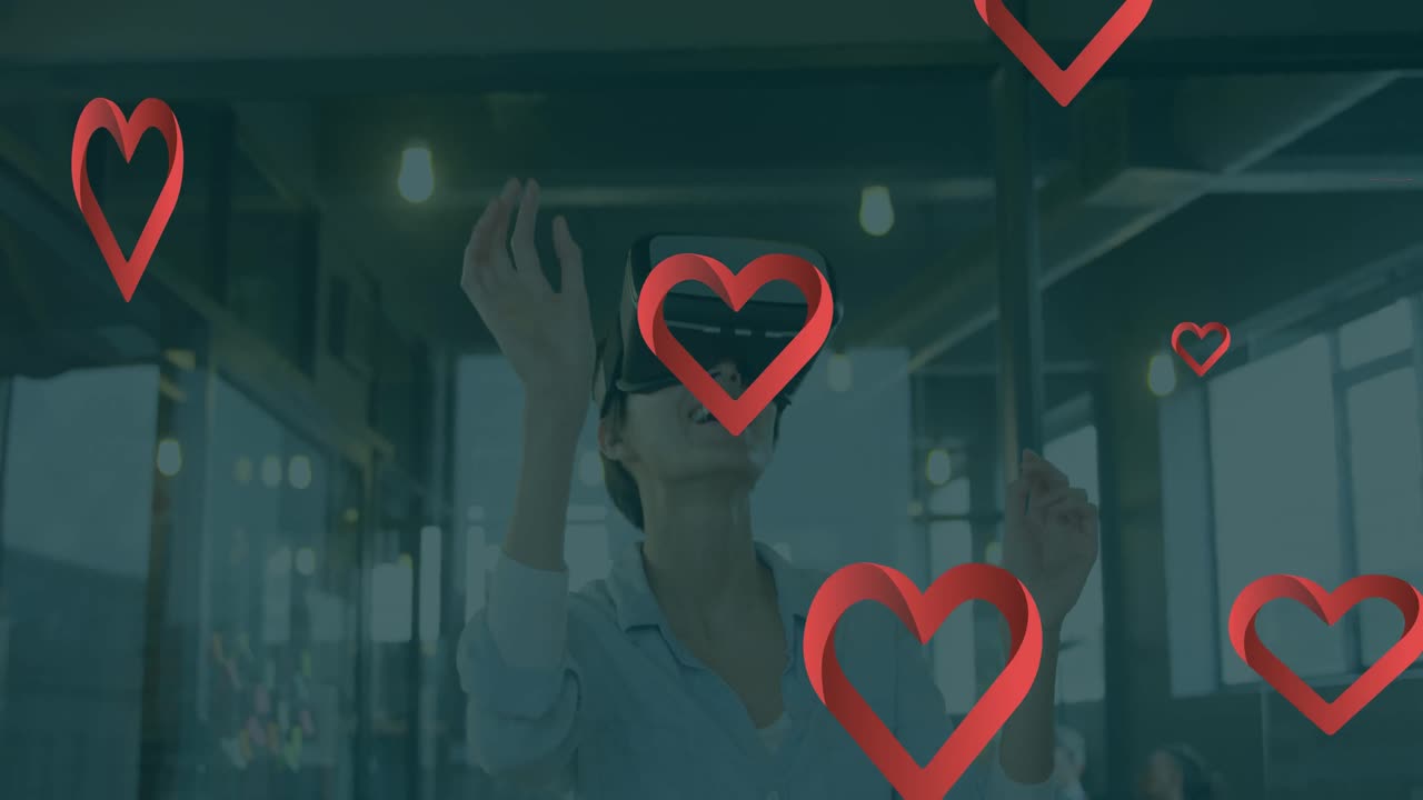 vr 헤드 ⁇ 을 사용하는 백인 여성 위에 떨어지는 마음의 애니메이션
