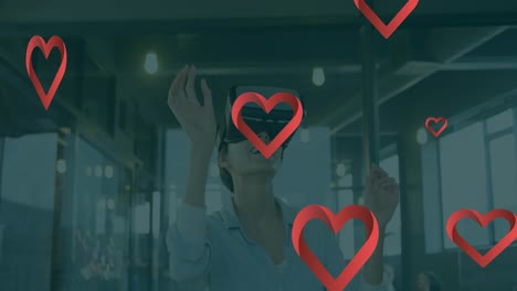 animación de corazones cayendo sobre mujer caucásica usando auriculares vr