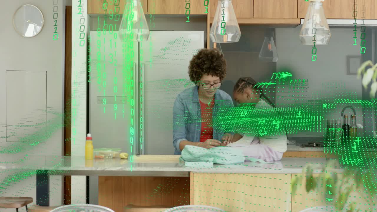 Woman guiding girl on island folding cloth while green tech code rising right obscuring then fading