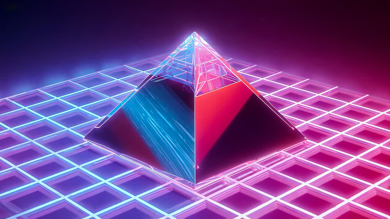 Glow rising, pyramid reflecting cyan and magenta on neon grid, camera approaching to reveal apex